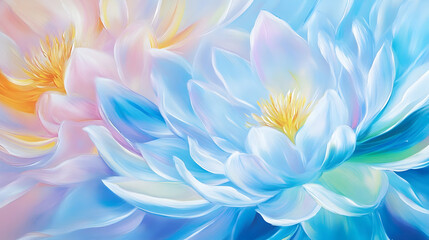 Fototapeta premium Close up shows artistic interpretation of large petals in blue, pink, and yellow tones