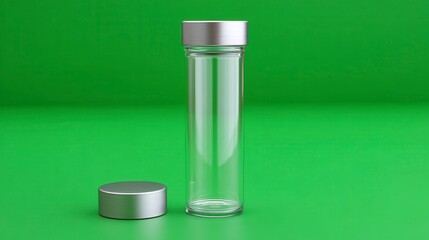 Empty Vial with Silver Cap on Green Surface