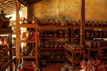 Elegant display of handmade ceramics and pottery in a modern showroom, showcasing unique and stylish pieces.