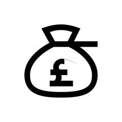 Illustration of a simple black and white money bag with a pound symbol on it in a minimalist style design