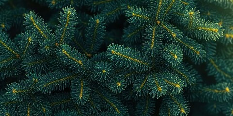 Close-up view of lush evergreen tree branches with dense, dark green needles and fresh yellow new growth tips, evoking a sense of natural freshness and vitality