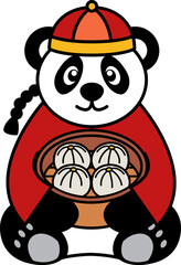 panda in traditional clothes holding steamed buns