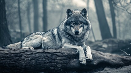 Gray wolf resting on fallen log in misty forest.