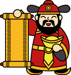 illustration of Cai Shen God holding chinese badge and chinese money
