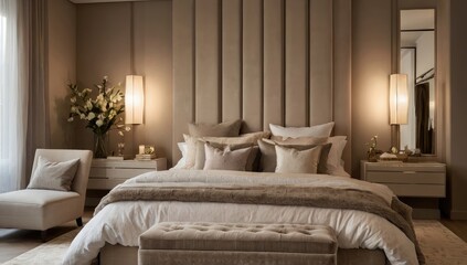 Fototapeta premium Luxury bedroom with soft textiles, warm lighting, and a neutral color palette