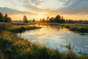 Fototapeta premium Tranquil wetland at sunset with golden light reflecting on water surrounded by lush greenery and scattered wildflowers under a partly cloudy sky