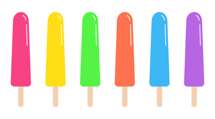 Set of colorful ice cream in pink, yellow, green, orange, blue,  purple.Popsicle sticks collection isolated on white background.Vector graphic illustration.Summer element. 