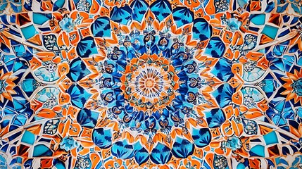Vibrant Mandala Design Blue Orange Floral Tile Pattern