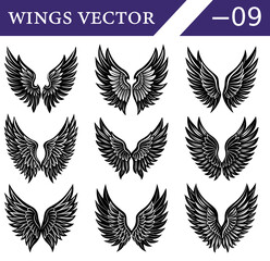 Fototapeta premium Fantasy Wing Silhouettes in Black – Vector Angel and Devil Wings for Gothic Tattoos, Posters, and Dark Themed Decorative Illustration Use.