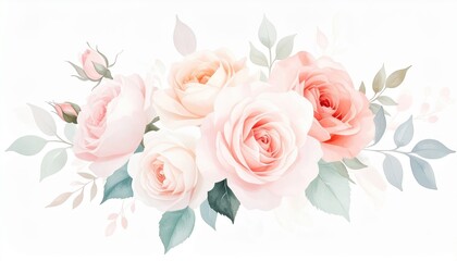 Fototapeta premium Delicate Watercolor Roses Floral Arrangement Soft Pink Peach Blossoms Botanical Illustration