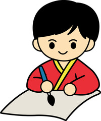 Chinese boy writing in chinese ink