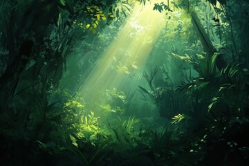 Fototapeta premium Sunlight filters through dense foliage in a lush green tropical forest scene