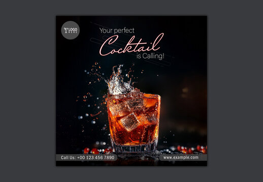 Cocktail Themed Editable Social Media Post with Text Placeholder for Drink Events or Party Promotion.