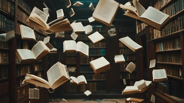 Books floating in a historic library with shelves and shadows