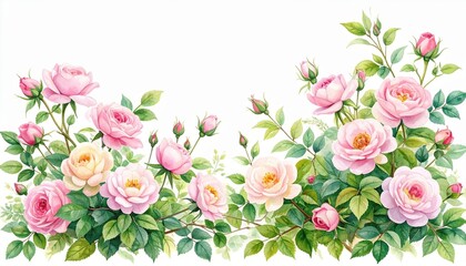 Exquisite Watercolor Painting of Pink and Cream Roses Blooming Abundantly in a Lush Garden