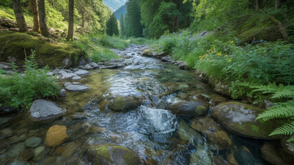 Crystal clear mountain stream flowing through lush forest and moss covered rocks