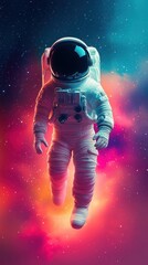 Astronaut floating in colorful space with glowing nebula and stars, evoking a sense of exploration and wonder