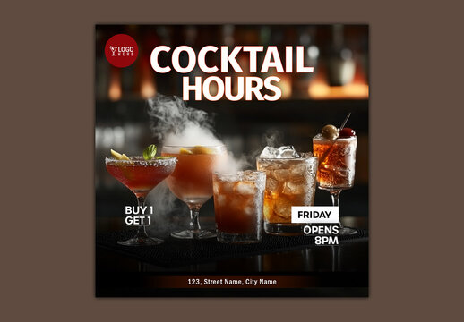 Cocktail Hours Editable Social Media Post with Drinks Offer for Bar or Nightclub Event.