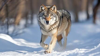 Fototapeta premium Gray wolf strides through a snowy forest landscape.