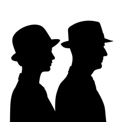 Silhouette of couple wearing hats vintage style black and white fashion illustration art design