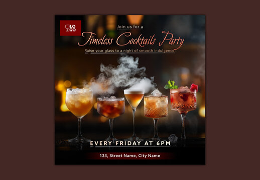 Timeless Cocktails Party Editable Social Media Post for Elegant Bar Events and Drink Promotions.
