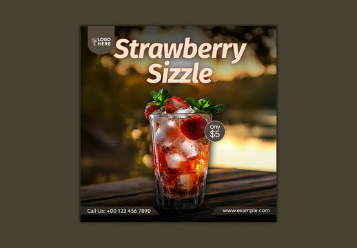 Strawberry Sizzle Editable Social Media Post for Fruity Drink Promotions and Summer Beverage.