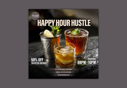 Happy Hour Hustle Editable Social Media Post for Bold Drink Offers and Bar Promotions.