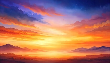 Obraz premium Vibrant Sunset over Mountain Range Peaceful Scenic Landscape Golden Hour Nature