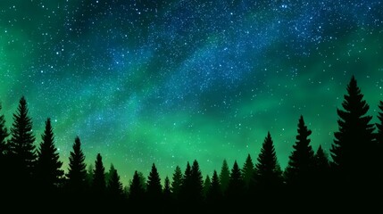 Silhouette of Dense Tree Line Under Starry Sky with Vibrant Colors at Night
