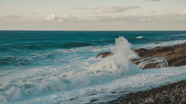 Dramatic ocean waves crashing against rocky coastline under a cloudy sky at sunset - Powered by Adobe
