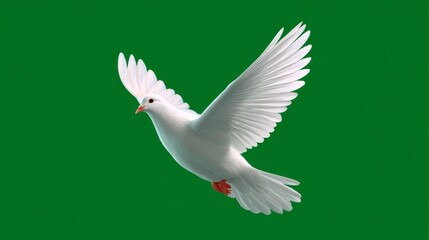 Obraz premium White Dove Flapping Wings Mid-Flight Against Vibrant Green Background