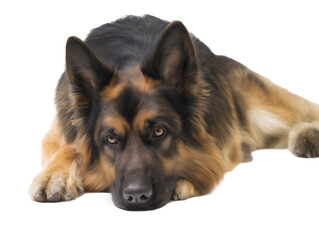 German Shepherd dog with black and tan fur lying relaxed on transparent background