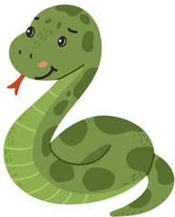 Snake, wild animal with green patterned body in hand drawn, doodle style. Suitable for kids materials and jungle themed designs. White background.
