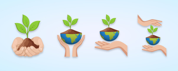 Hands Holding Sapling and Globe Illustration | Earth & Plant with Hand Vector File Group icons.
