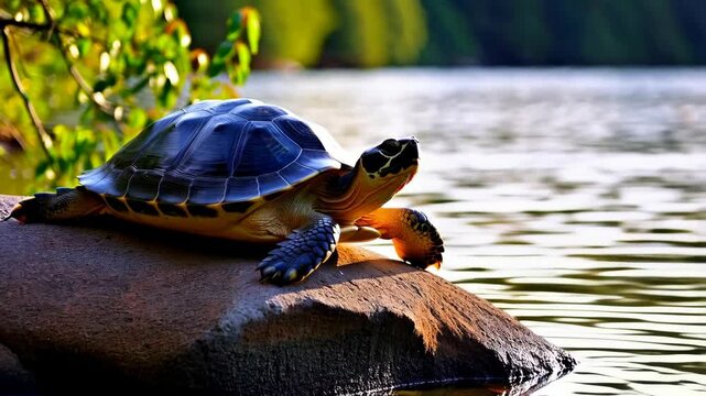 Turtle basking on a rock near a calm lake, showcasing detailed shell and texture, serene wildlife scene, sunny day