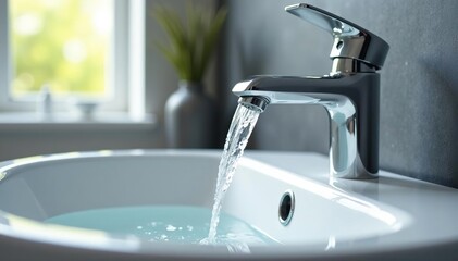 Modern chrome bathroom faucet with flowing water , metallic, hardware, water flow