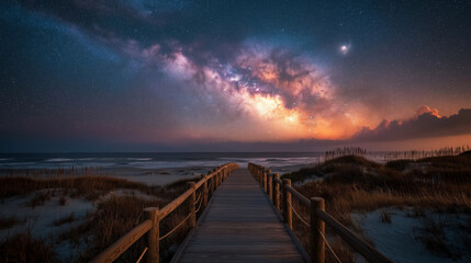 Obraz premium A wooden boardwalk stretches across the sandy beach at night