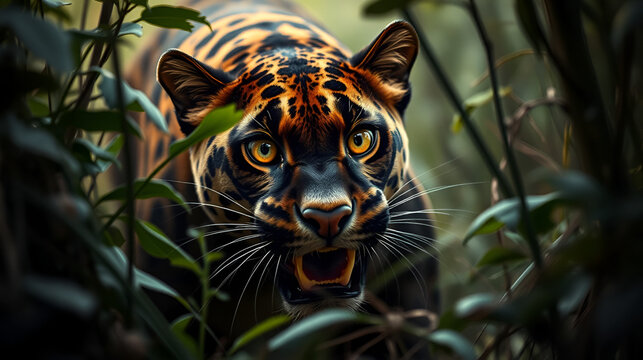 Panicked eyes flash with fear as a panther spots its prey in the underbrush, surprise, ambush