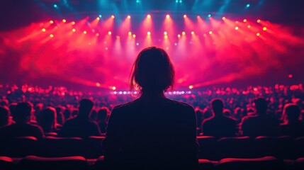 Silhouetted figure in a concert hall, vibrant lights, and a crowd.