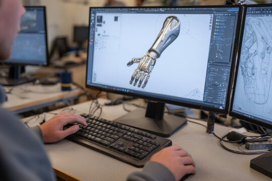 Person Working on Robotic Arm Design with Computer Aided Software on Dual Monitors for Future Tech Application
