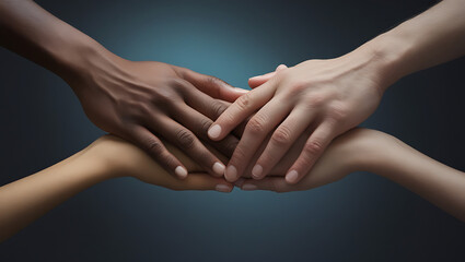 Four hands of varying skin tones are gently intertwined, symbolizing unity, diversity, support, and connection, against a softly lit, dark blue-grey background.
