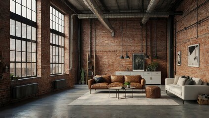 Open space loft interior with industrial windows, brick walls, and minimal decor