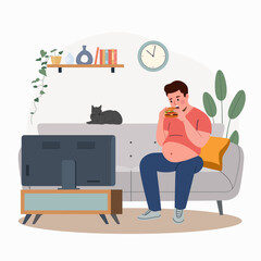 Young fat man eats a burger and watches TV on the sofa.  Flat style cartoon vector illustration.