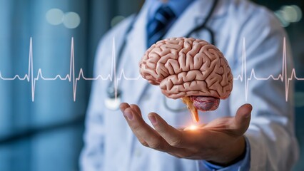 Doctor's hands gently holding a detailed human brain model against a medical heartbeat graphic, concept for neurology, healthcare, and medical websites