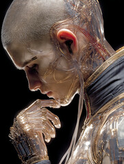 Synthetic Pulse: A Hyper-Realistic Full-Body Portrait of a Humanoid Cyborg with Translucent Elastic Skin, Wired Veins, and Futuristic Anatomy Illuminated Against a Stark Black Backdrop