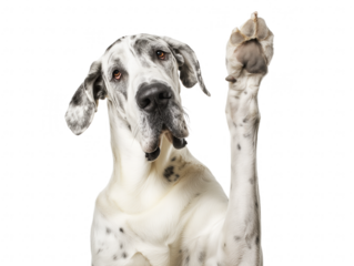 Great Dane with black patches on ears and eyes, paw raised, isolated on transparent background