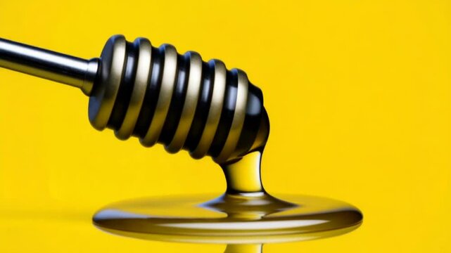 Slow motion of dripping honey from honey dipper on yellow background. video footage free space