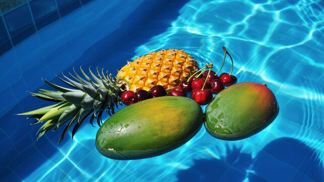 Fresh tropical fruits including pineapple mangoes and cherries floating in blue water