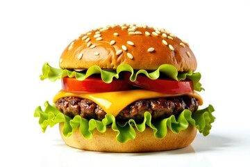 Burger with sesame seed bun, isolated on white , tasty, isolated
