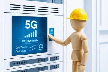 5G connectivity manufacturing industry 4.0 concept with wooden figure in hard hat operating digital control panel in modern factory